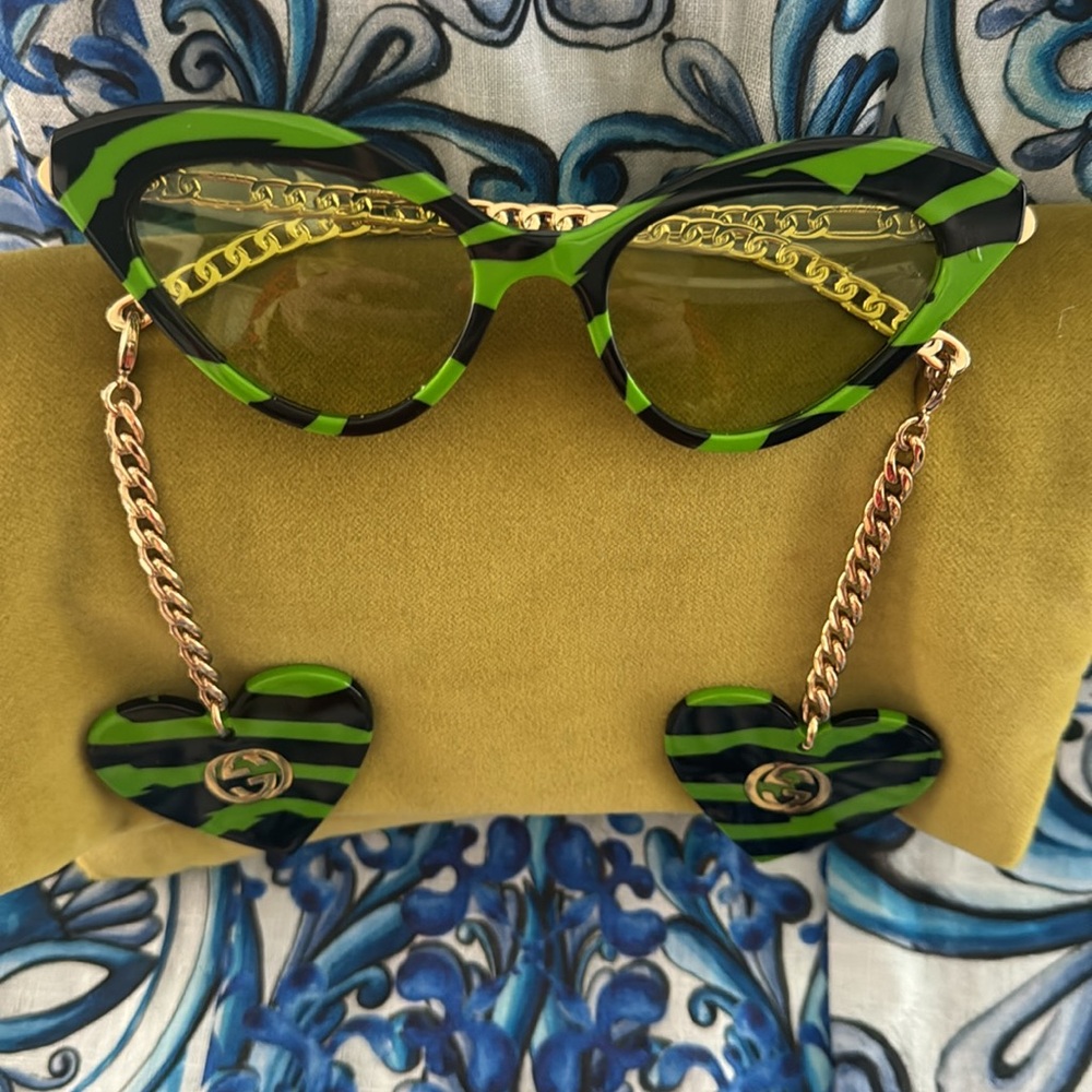 GUCCI Zebra-print cat-eye sunglasses and clips worn once GREEN & Black & Gold - Picture 6 of 10